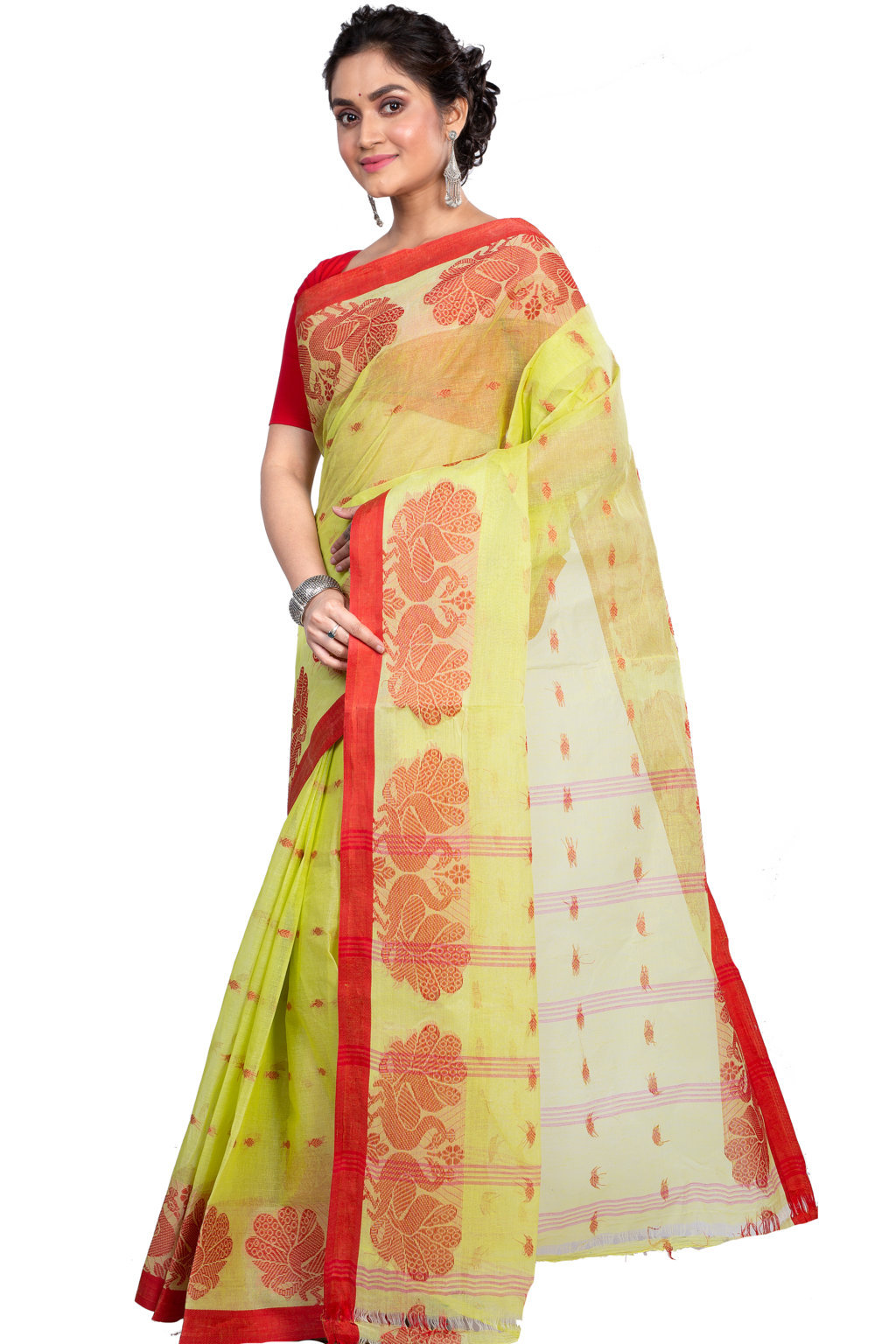 Light Green Pure Cotton MOYUR PAR Tant Saree (900)